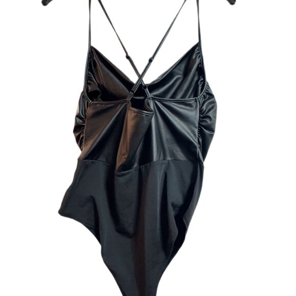 SHEIN Faux Leather Ruched Bodysuit Size XL | Black Stretch Night Out Top - Picture 3 of 4